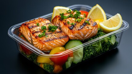 Closeup view of a delicious meal prepared and packaged in plastic container, ready to enjoy