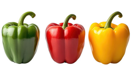 Vibrant fresh bell peppers trio: green, red, and yellow on white background
