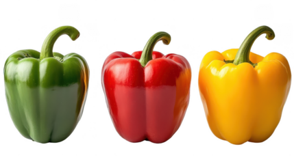 Vibrant fresh bell peppers trio: green, red, and yellow on white background