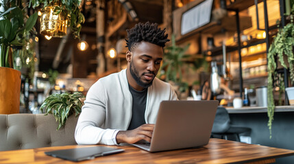 Fototapeta premium Focused Man Working on a Laptop in a Stylish Cafe