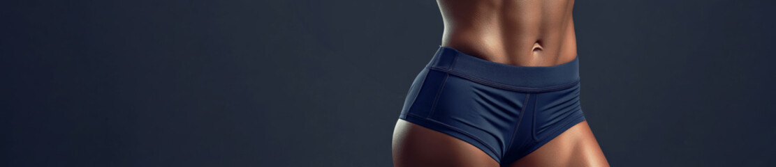 Athletic woman showing her six pack abs on dark background with copy space, banner