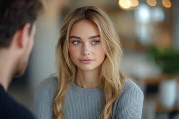 Fototapeta premium Woman with blonde hair and blue eyes gazing thoughtfully indoors.