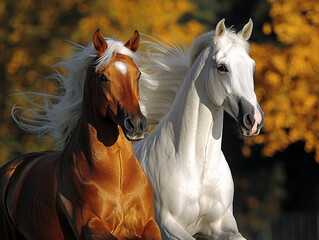Majestic horses running gracefully with flowing manes in vibrant autumn setting. Their powerful presence and beauty evoke sense of freedom and harmony in nature