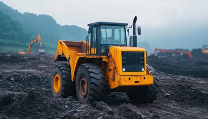 Obraz premium Yellow bulldozer on a construction site, surrounded by dirt and mountains in the background, cloudy weather.