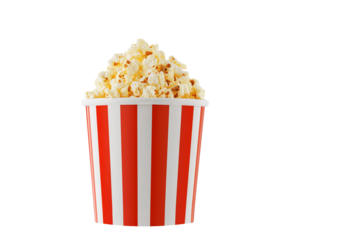 Delicious popcorn, classic box, classic paper cup with red stripe, isolated on white background close-up