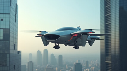 Futuristic drone flying over a modern cityscape The sleek vehicle hovers beside a skyscraper showcasing urban transportation innovation