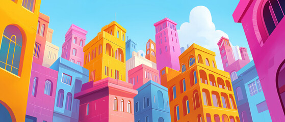 Vibrant Cityscape Illustration with Colorful Buildings and Clear Blue Sky in an Abstract Urban Setting