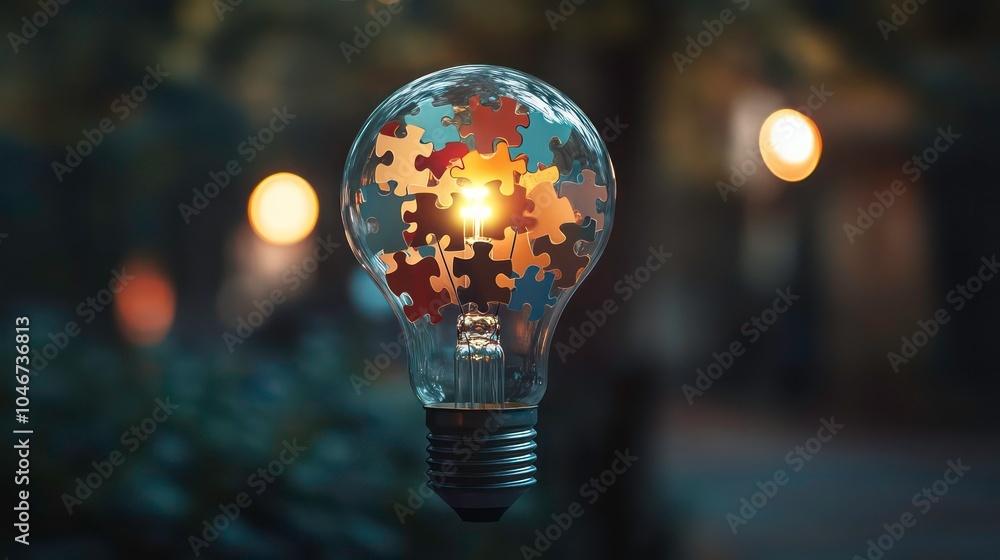 Poster Light bulb with glowing puzzle pieces inside against a blurred background, symbolizing a creative solution or innovative idea.