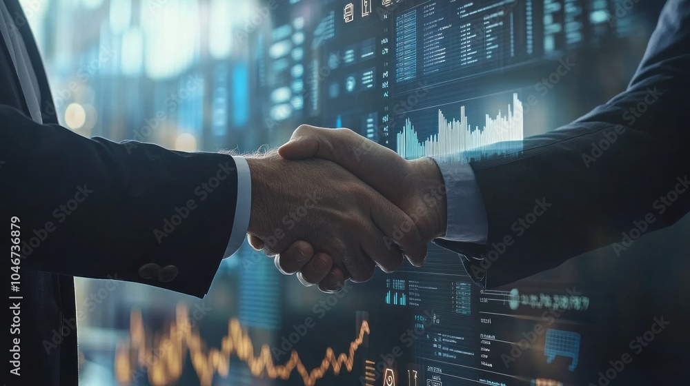 Aufkleber Two men shaking hands in front of a computer screen with graphs and numbers