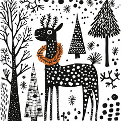 Festive Reindeer with a Wreath in a Winter Wonderland