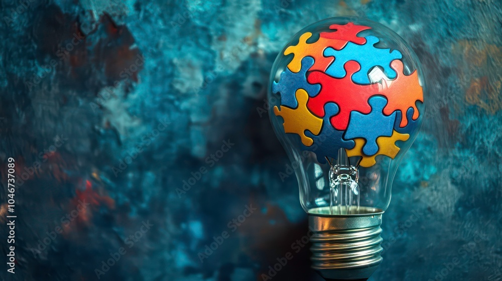 Aufkleber a light bulb with a puzzle inside. the puzzle pieces are red, blue, and yellow and symbolize a solut