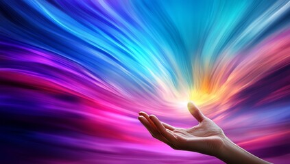 Hand Reaching Out Towards the Sky, with Glowing Connections and Light Beams Representing a Connection to Nature's Energy Source