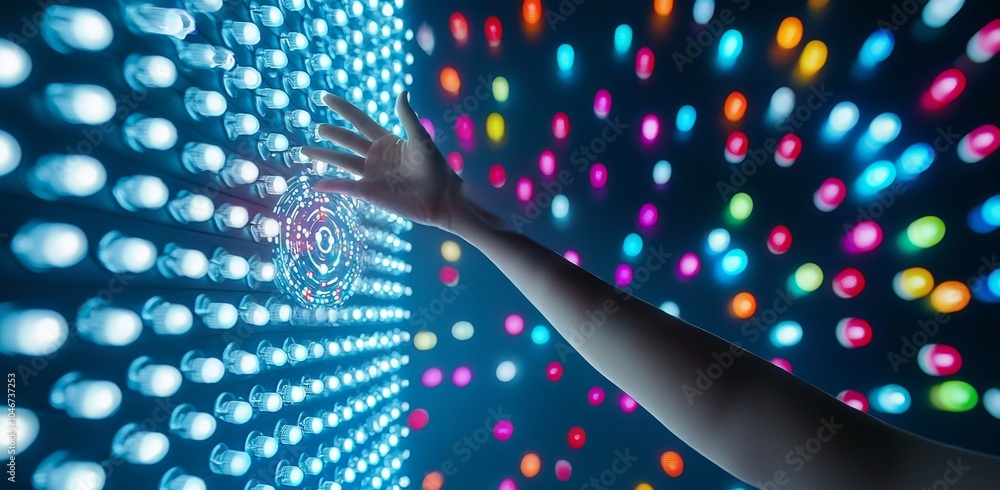Poster hand touching a digital data vortex with a futuristic background, hologram, and multicolored dots sw