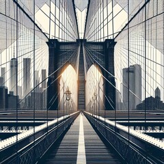 A stylized digital illustration of the Brooklyn Bridge with a sunset background, emphasizing geometric lines and symmetry.