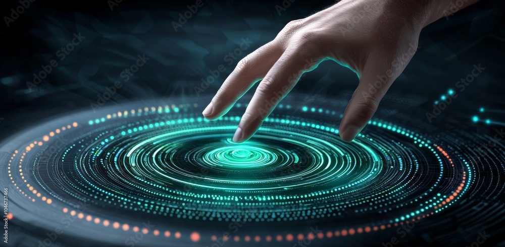 Poster hand touching a digital data vortex with a futuristic background, hologram, and multicolored dots sw