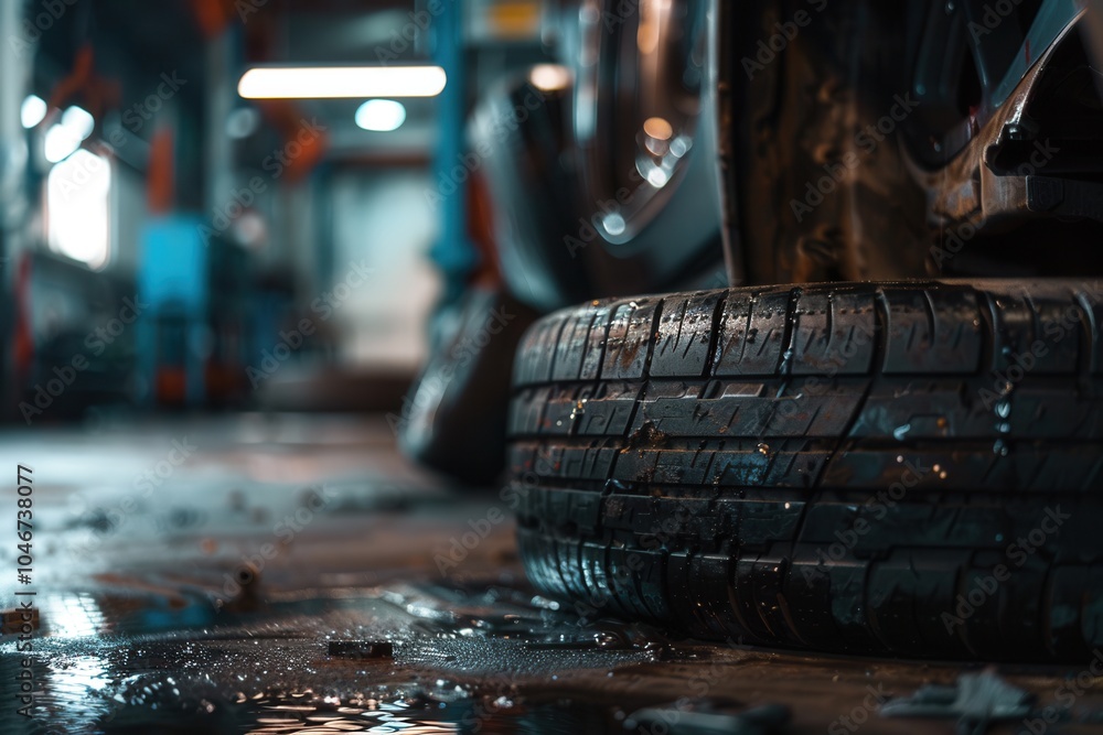 Aufkleber a mechanic replaces a car tire in a workshop, surrounded by tools and equipment, with a wet floor re