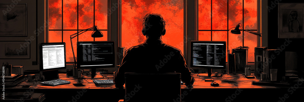 Aufkleber a person sits in front of multiple computer screens, immersed in work while a dramatic red sky illum