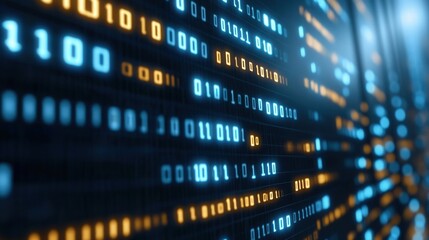 Obraz premium Abstract digital data streams with glowing binary code on a dark background.