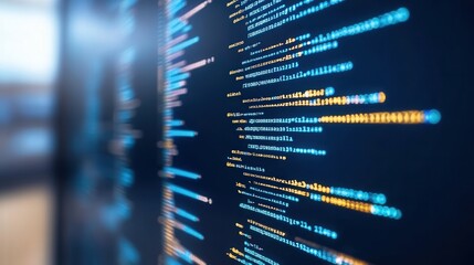 Close-up of colorful code lines on a screen for programming and technology themes.