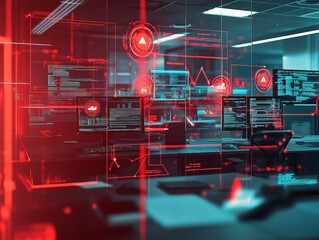 A cyber attack in progress, with multiple warning signs and red alerts flashing on computer screens in a corporate office.
