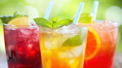 Refreshing summer drinks with ice mint on natural background