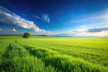Obraz premium Panoramic View of a Lush Green Trimmed Grass Field Under a Clear Blue Sky - Ideal for Nature, Tranquility, and Outdoor Landscapes Photography