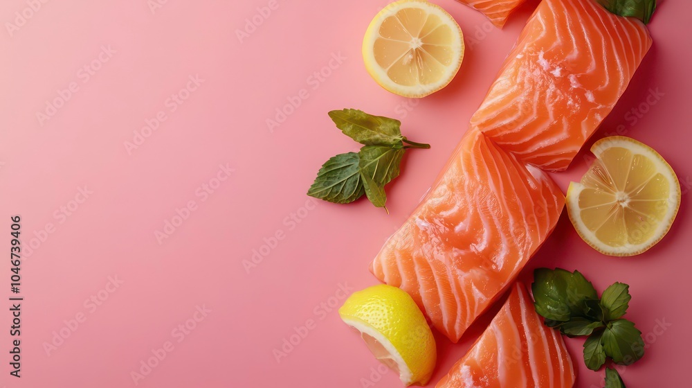 Poster fresh salmon fillets with lemon slices and herbs on a pink background.