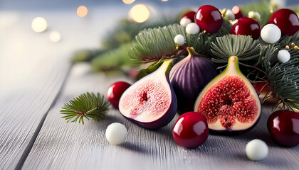 Winterliche Deko für Weihnachten im Hintergrund mit Feigen und Kirschen. _1(880)