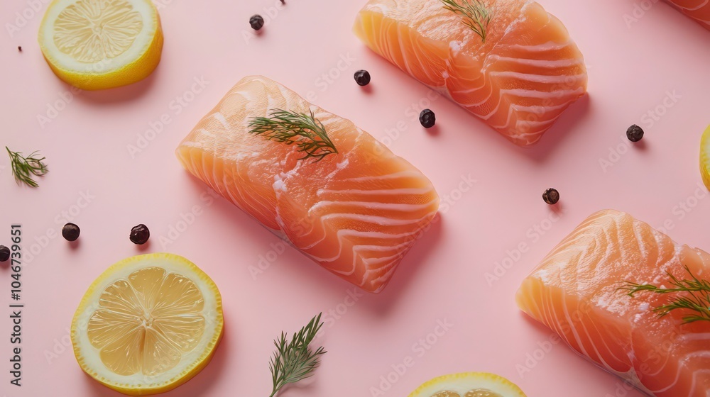 Poster three raw salmon fillets with dill and lemon wedges on a pink background.