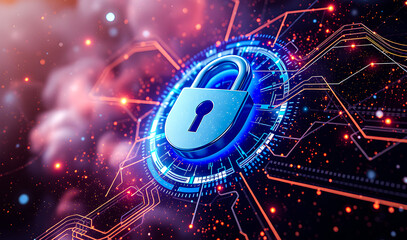 Creative cyber security design and protection of private information and data concept. Locks on blue integrated circuit background. Firewall from hacker attack. Ai generated