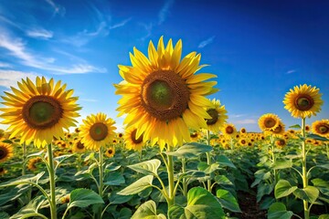 A field of tall sunflowers stretching towards the sky against a clear blue sky, sunlight filtering, open spaces, sunflower wallpaper