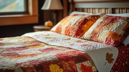 Cozy bed with an autumn-themed quilt