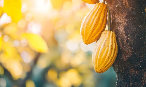 ripe yellow cacoa pods hanging from a tree ready for harvest