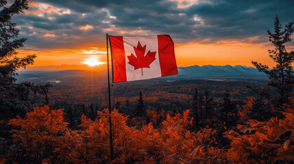 A vibrant Canadian flag stands proudly against a stunning sunset, surrounded by rich autumn colors and distant mountains in a serene landscape