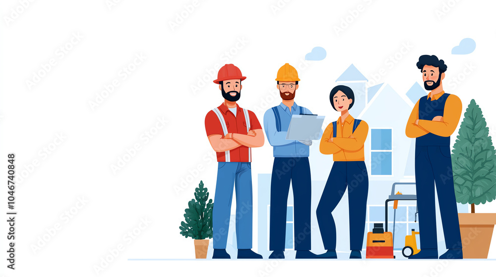 Poster a diverse team of construction workers collaborating on a project for efficient building solutions
