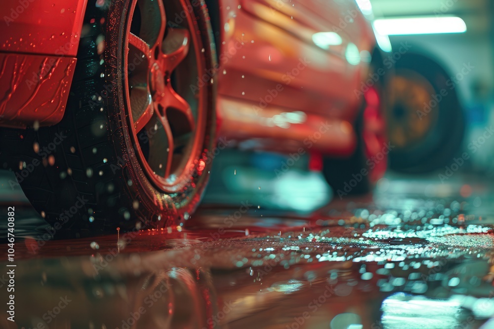 Aufkleber a mechanic replaces a tire on a car inside a garage while rainwater reflects on the floor, indicatin