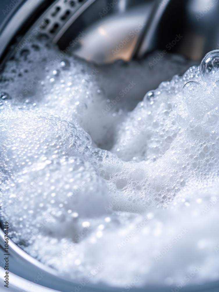 Poster a washing machine drum is filled with fluffy white towels and lots of detergent bubbles as the laund