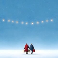 Couple enjoying a winter shopping stroll under festive lights