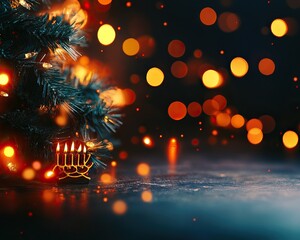 Naklejka premium Festive ambiance featuring a menorah beside a Christmas tree with colorful bokeh lights.