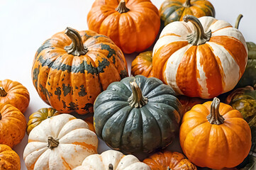 Bright multi-colored pumpkins on a white background. Harvest, Thanksgiving Day, Halloween