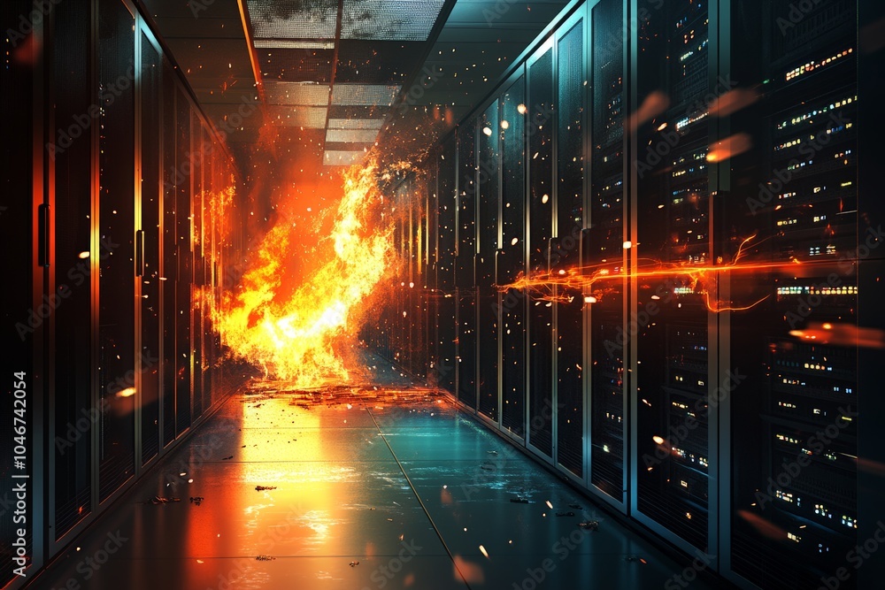 Poster a data center being targeted by hackers through a ddos attack, with servers overheating and network 