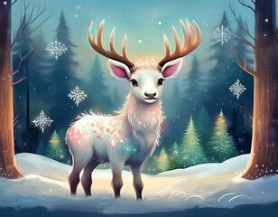 Obraz premium A Scandinavian art illustration of a serene winter forest, where a moose stands on a snowy clearing.