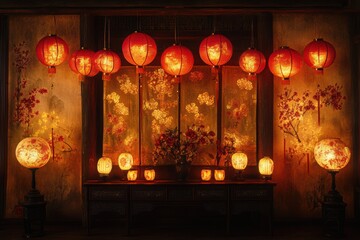 chinese new year decor, a collection of red lanterns illuminating a lively room adorned with gold banners and chinese new year decor