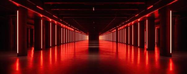 Fototapeta premium Futuristic corridor with vibrant red lights and smooth floor, creating a striking visual effect.