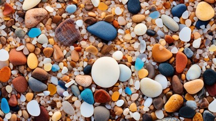 Broad view of a surface scattered with tiny, bright-colored pebbles and grains of sand. The image includes a large area of empty space,