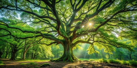 A majestic oak tree stands tall in a lush green forest with sunlight filtering through its leaves and casting dappled shadows on the forest floor, trees, nature, woodland, foliage