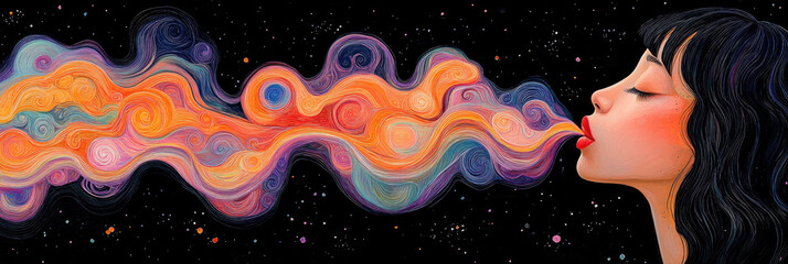 The artwork depicts a woman exhaling vibrant, swirling colors, creating a dreamy atmosphere against a starry, dark background