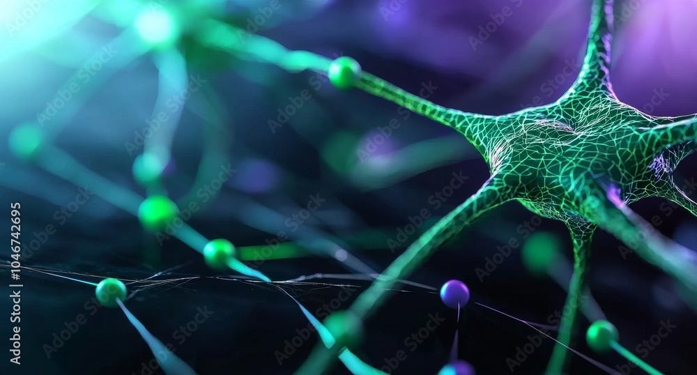 Poster interconnected neural networks with green and purple lines