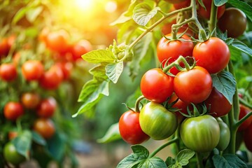 Obraz premium A mature tomato plant with lush green leaves and vibrant red tomatoes growing on the vine, greenery, garden, edible flowers, tomato plant