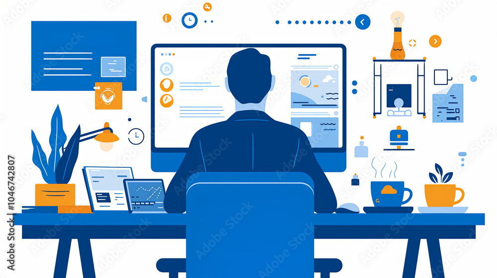 Poster a man working at a computer desk in an office decorated with plants and technology, representing pro
